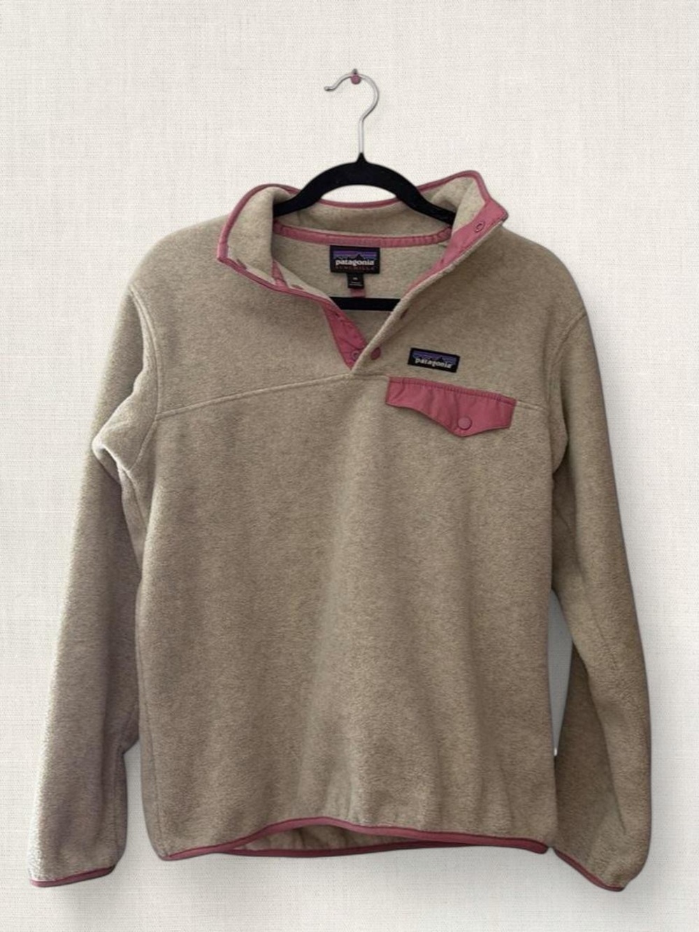 Patagonia Women’s Grey and Pink Fleece Snap-Up Pullover with Pink Trim